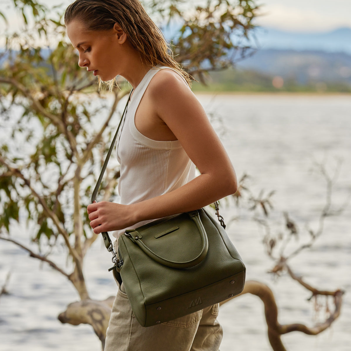 Khaki leather handbag hotsell